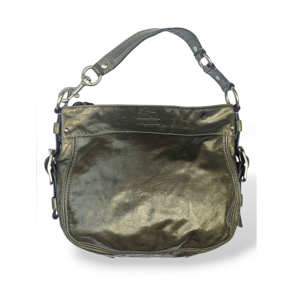 Coach Hobo Bag Olive Green Patent Leather Large Buckle Metallic Y2K Shoulder Bag